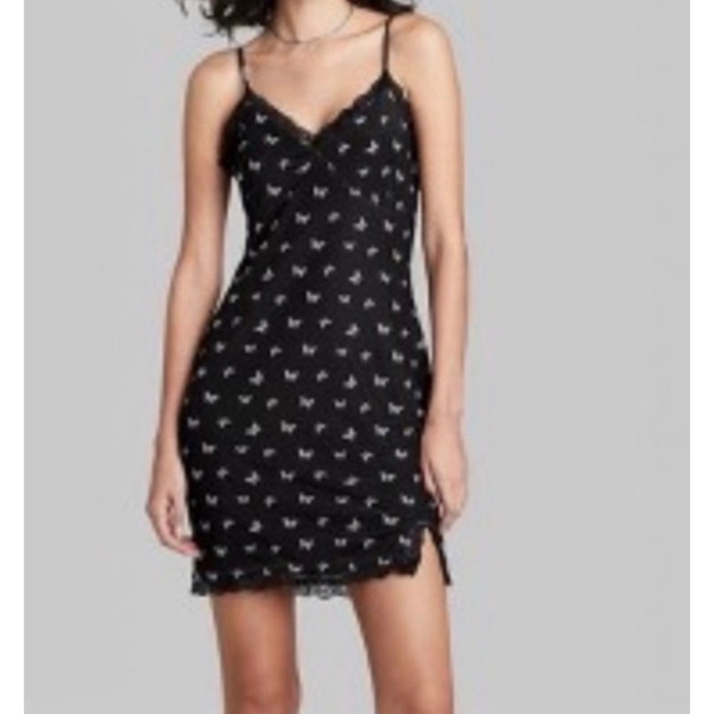Wild Fable Mini Dress Butterfly Print Lace Trim Mesh Slip Women Medium Black